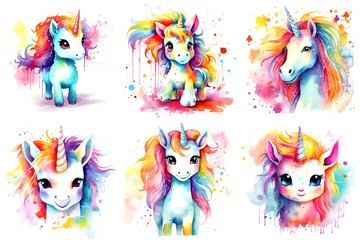 Naklejka premium A set of six watercolor illustrations of unicorns, watercolor clipart on white background.