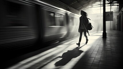 Woman at station walking next to moving train, black and white abstract background. Generative AI