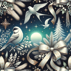 wallpaper pattern accentuates elements like frost-kissed fir branches, stars shimmering