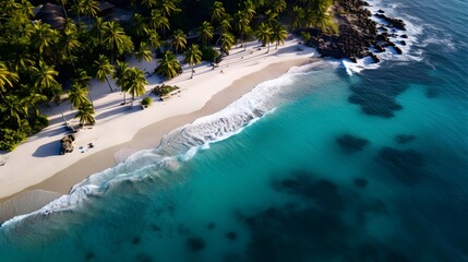 Aerial view of beautiful tropical beach with palm trees and sand.