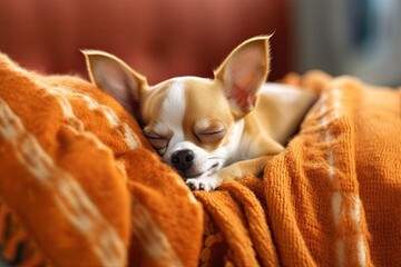 Cute little chihuahua puppy sleeping, wrapped in a blanket, adorable dog portrait, ai generated