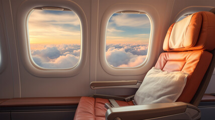 Fototapeta premium Airplane seat against blue sky with white clouds 