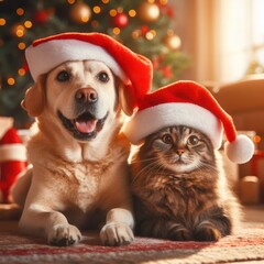 dog and a cat sitting together with santa hats at christmas generative ai