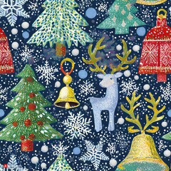 A seamless pattern with iconic Christmas elements like snowflakes, bells, reindeers, Christmas