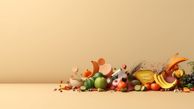 food waste, fruit and vegetables waste in empty cream pastel background. Concept of minimalism. Light background with copy space. 