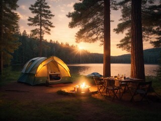 Pine Forest Retreat: As the sun sets, a cozy camping tent stands amidst a serene pine forest