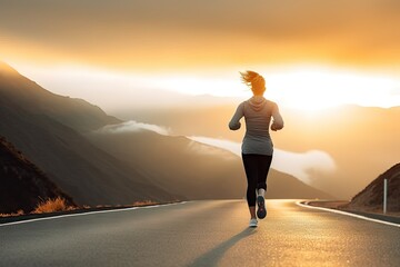 Morning run. Active female jogging under beautiful sunrise. Trail runner. Young woman embracing outdoors. Healthy lifestyle. Fitness enthusiast running on mountain road