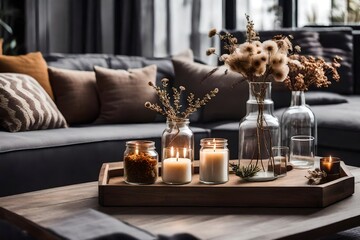 Fototapeta na wymiar Glass jar with dried flowers, vase, and candle on wooden tray on coffee table over sofa with cushions. Gray and brown interior decoration. Decor for the living room