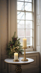 Vintage candlestick with burning candles and Christmas tree in room.