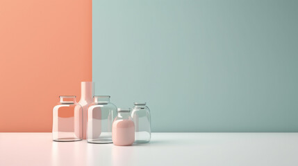 Fototapeta na wymiar 3D Glass jars in empty pastel background. Concept of minimalism. Light background with copy space. 