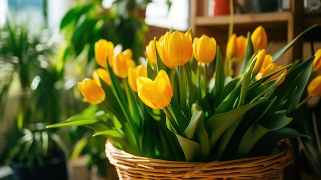 Yellow tulips in a basket on the background of the window. Tulips. Mother's day concept with a space for a text. Valentine day concept with a copy space.
