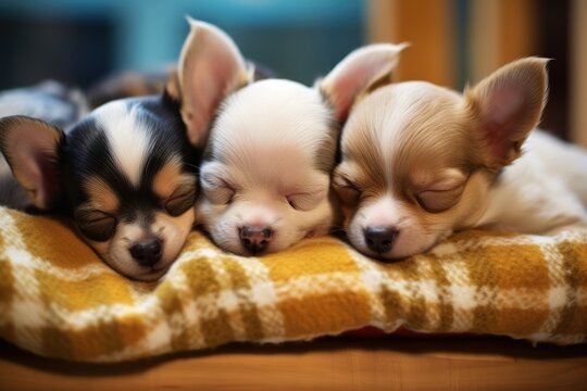 three adorable chihuahua puppies sleeping, doggies resting on a blanket, adorable pet group portrait, ai generated