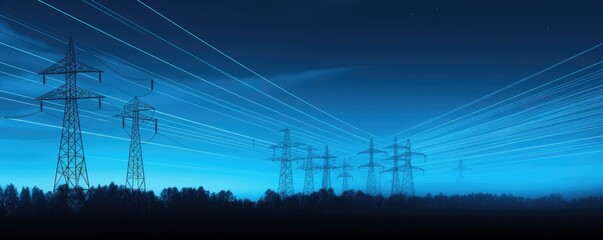 Electric pylons under moonlight at blue night. Electricity lines and electric power station in the sky at night - obrazy, fototapety, plakaty