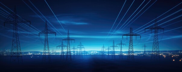 Electric pylons under moonlight at blue night. Electricity lines and electric power station in the sky at night - Powered by Adobe