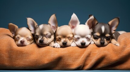 sleeping chihuahua puppies in a row, doggies resting on a blanket, adorable pet group portrait, ai generated - obrazy, fototapety, plakaty