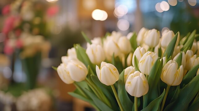 Bouquet of white tulips in a flower shop. Selective focus. Tulips. Mother's day concept with a space for a text. Valentine day concept with a copy space.