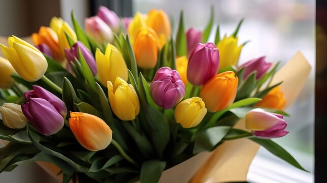 Bouquet of colorful tulips in a vase on the windowsill. Tulips. Mother's day concept with a space for a text. Valentine day concept with a copy space.