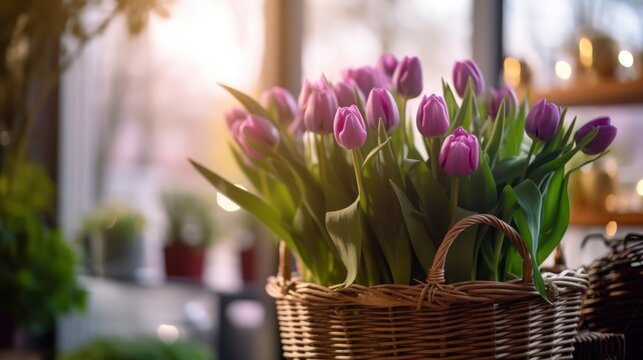 Bouquet of purple tulips in a wicker basket on the background of the window. Tulips. Mother's day concept with a space for a text. Valentine day concept with a copy space.