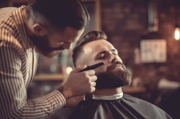 Barber working with male client. Professional salon worker grooming bearded man. Generate ai