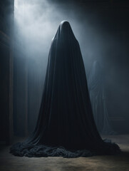 Two ghostly females under black veil standing in the dark room