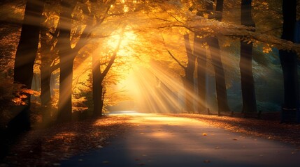 Beautiful sunset in the autumn forest. Panoramic image.