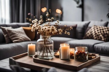 Glass jar with dried flowers, vase, and candle on wooden tray on coffee table over sofa with cushions. Gray and brown interior decoration. Decor for the living room