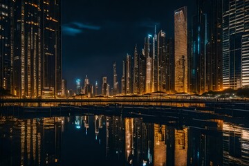 A nighttime picture of the metropolis with reflections of artificial light on the water