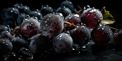 Frosted Fresh Grapes Bunches On Dark Background with Copy Space Selective Focus - obrazy, fototapety, plakaty