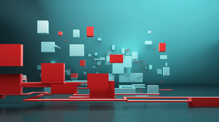3d modern interior with Abstract blue red digital background with random cubes structure