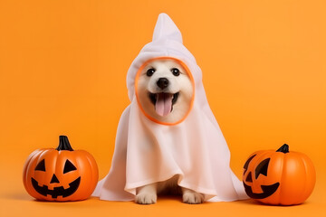 Perro disfrazado de fantasma y dos calabazas al lado por temporada de halloween
