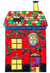 Gemaltes Kinderbild eines bunten Hauses mit Weihnachtsschmuck und einer schwarzen Katze auf dem Dach