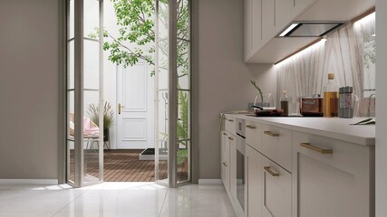 Beige wall kitchen with open folding door with glass panel to courtyard with wooden floor, white exterior house and tree in sunlight for interior design decoration, product background 3D - obrazy, fototapety, plakaty