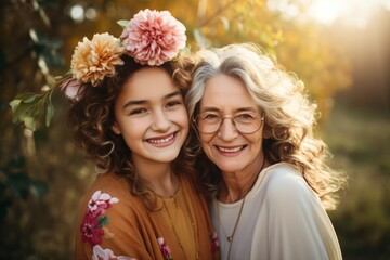 Obraz premium Happy mature mother and her daughter outdoors affection. Nature summer outdoor portrait. Generate Ai