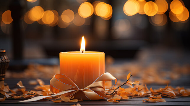 Yellow Wax Candle in Transparent Glass on Dark Sparkie Lights Background Selective Focus