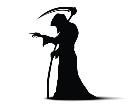 Grim Reaper of Death with scythe on shoulders points to victim. Vector icon on transparent background