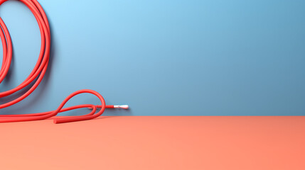 empty room wall blue background with jump rope. minimalist gym room with copy space. - obrazy, fototapety, plakaty