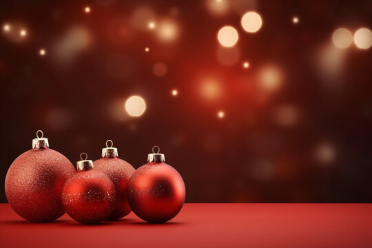 Realistic Christmas background with beautiful red ball ornaments. digital AI