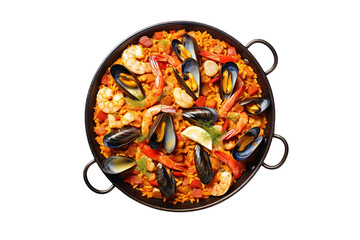 Seafood Paella in a Traditional Pan on transparent background.