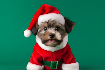 Tierno perrito vestido como santa claus en navidad con gorro y fondo verde de estudio