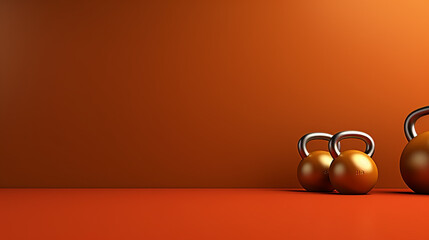 Empty Gym room with kettlebells on red wall. Copy space - obrazy, fototapety, plakaty