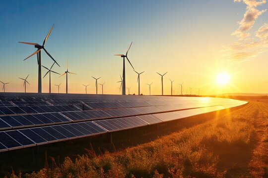 Creating sustainable energy using solar panels and wind farms is enterprise friendly. The concept of clean and sustainable development. Generative AI