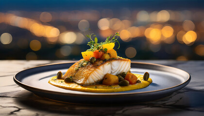 crispy sea bass fillet with potato-mango curry and fried capers on tomato velouté mirror, Generated image - 667590389