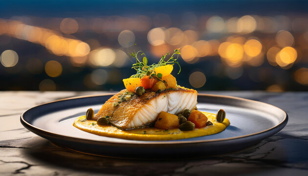 crispy sea bass fillet with potato-mango curry and fried capers on tomato velouté mirror, Generated image