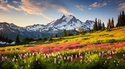 Panoramic view of alpine meadow with multicolored flowers - obrazy, fototapety, plakaty