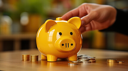 Fantasy Hand Putting Coin into Piggy Bank on Focused Foreground Yellow Background