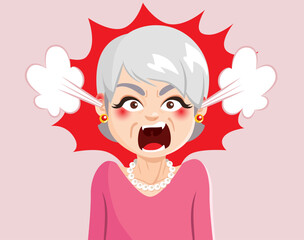 Angry senior woman vector cartoon illustration. Unhappy grandma complaining shouting and screaming