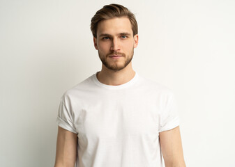Charming, male model with bristle, wear white t-shirt, smiling amused, look entertained, happy...
