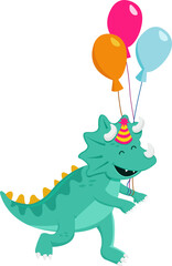 Cute Dino With Party Hat And Balloons