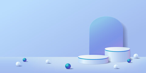 Colorful neon light abstract scene background with white 3D cylinder pedestal podium