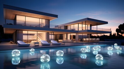 3d rendering of modern cozy house with pool and parking for sale or rent in luxurious style by the sea or ocean. Clear summer night with blue sky. - obrazy, fototapety, plakaty